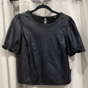 Iris Faux leather Elegant Black Puff Sleeve Top Size S